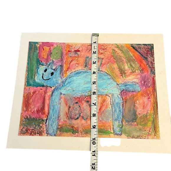 Outsider Art Pastel Cat Picture Matted - Picture 2 of 6